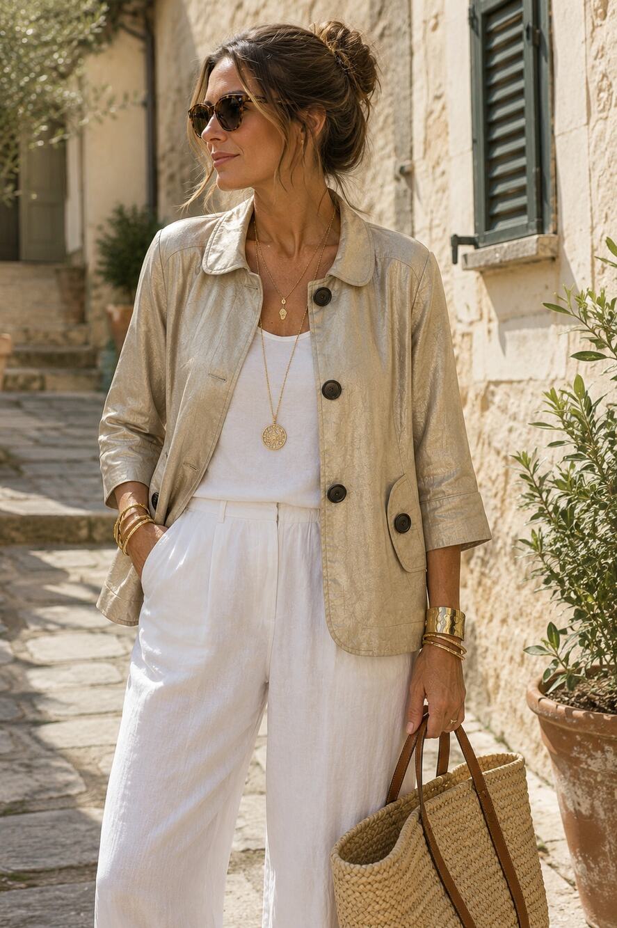 Vintage 90s Metallic Linen Jacket Champagne Gold Artsy Lagenlook Boho Small